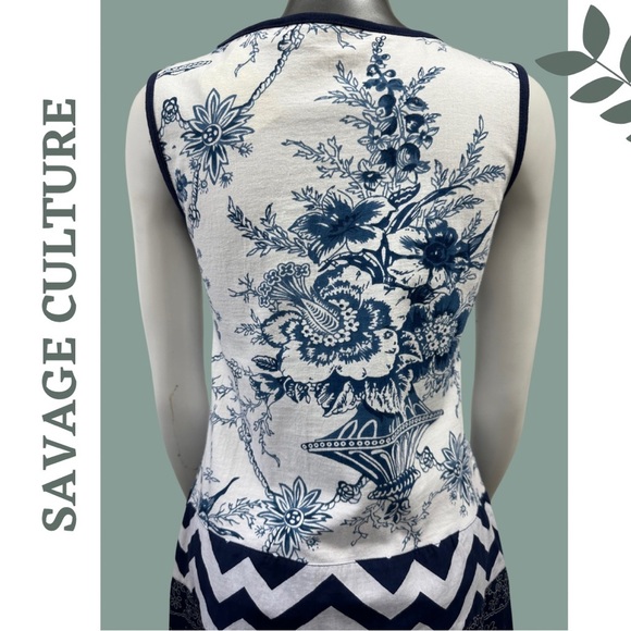 Savage Culture Sleeveless Summer Dress Blue White Mixed Pattern Size Medium - Picture 8 of 10